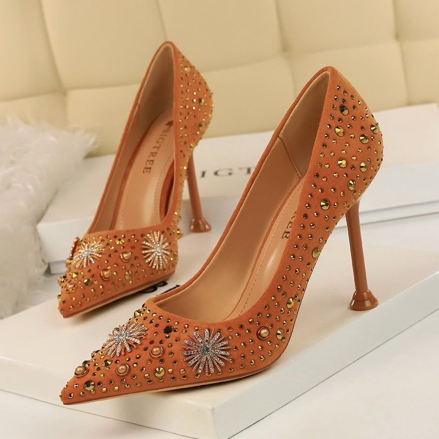 Suede Shallow Pointy Rhinestone Heels