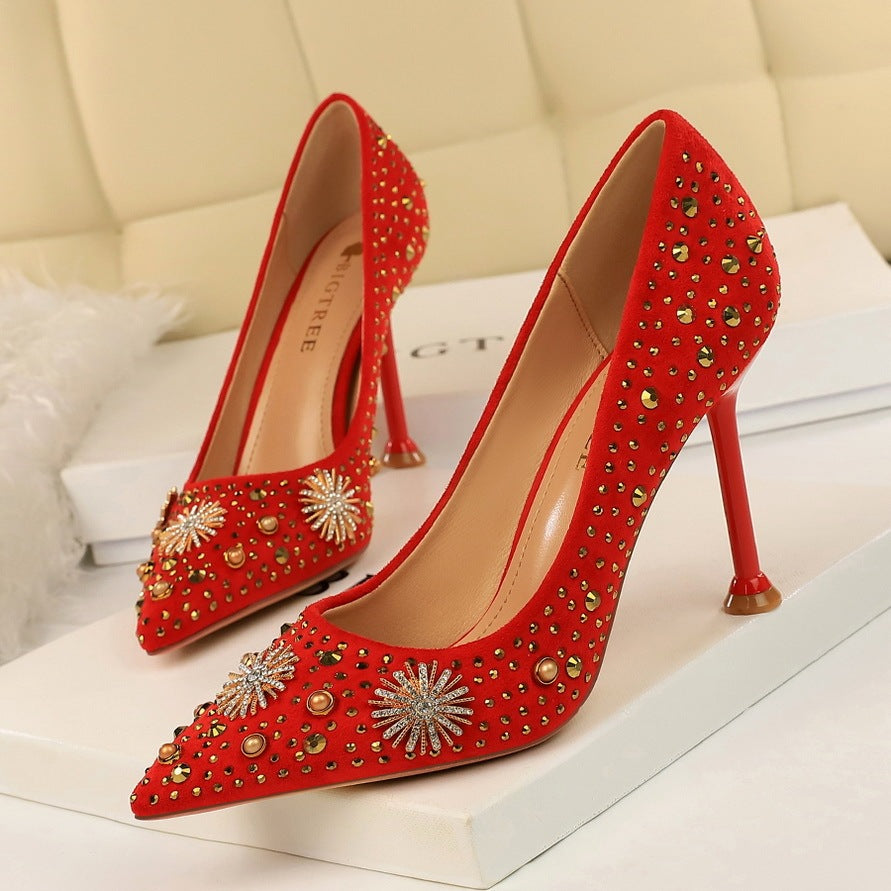 Suede Shallow Pointy Rhinestone Heels