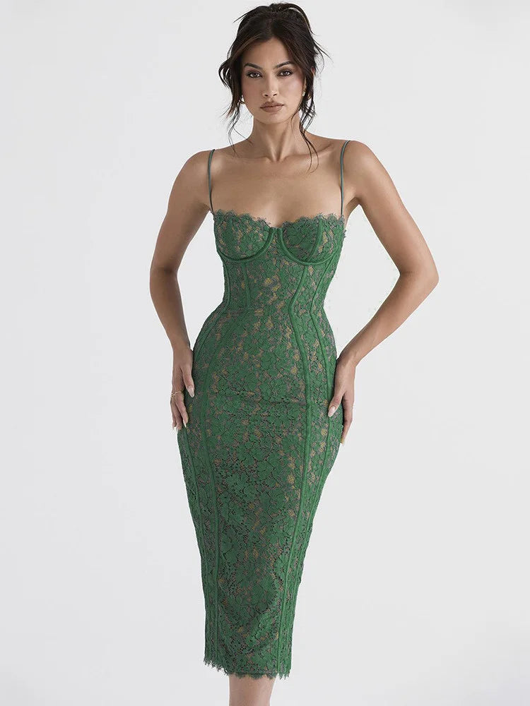 Spaghetti Strap Lace Sexy Midi Dress