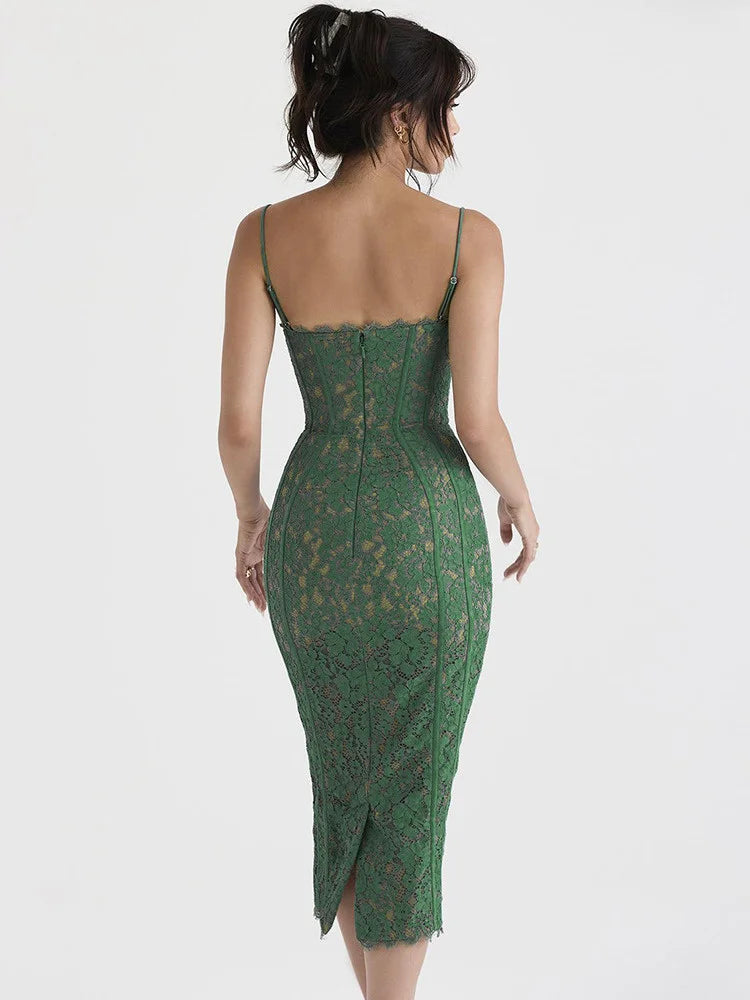 Spaghetti Strap Lace Sexy Midi Dress